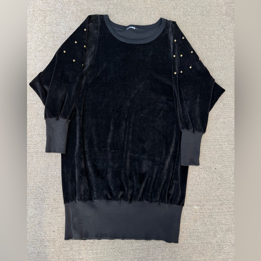 Vintage Black Velour Mini Sweatshirt Dress Banded Bottom Gold Stud Accents
